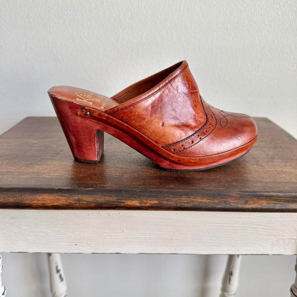 Vintage Leather Clog Size 6 Cognac Red Orange Brown Wood
